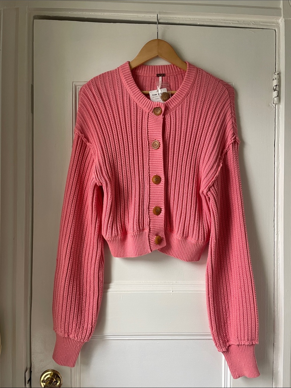 Free People Cropped Pink Ribbed Button Cardigan